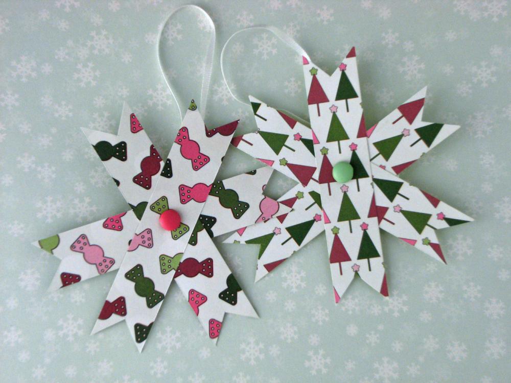 Home Decor Two Hanging Decorations - Set of 2 Paper Stars, Pink and Green
