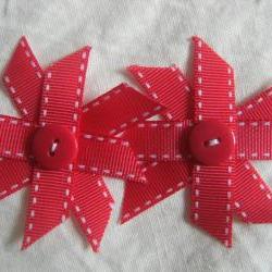 Red Ribbon Flowers with Button Center - Gift Wrap, Decor, Papercraft, Sewing